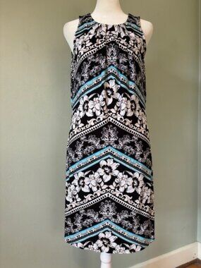 WHBM Black/White/Aqua Pleated Front Shift Dress Size Small NWT